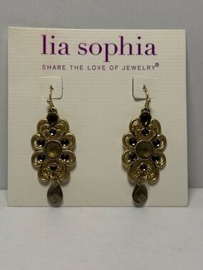 Lia Sophia Gold Tone Filigree Dangle Earrings Brown Stone Drop New